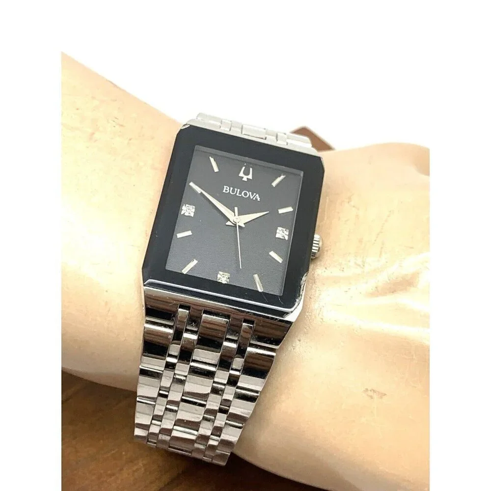 Bulova Men's Watch 96D145 Diamond Black Dial Silver Stainless Steel Quartz CHIP